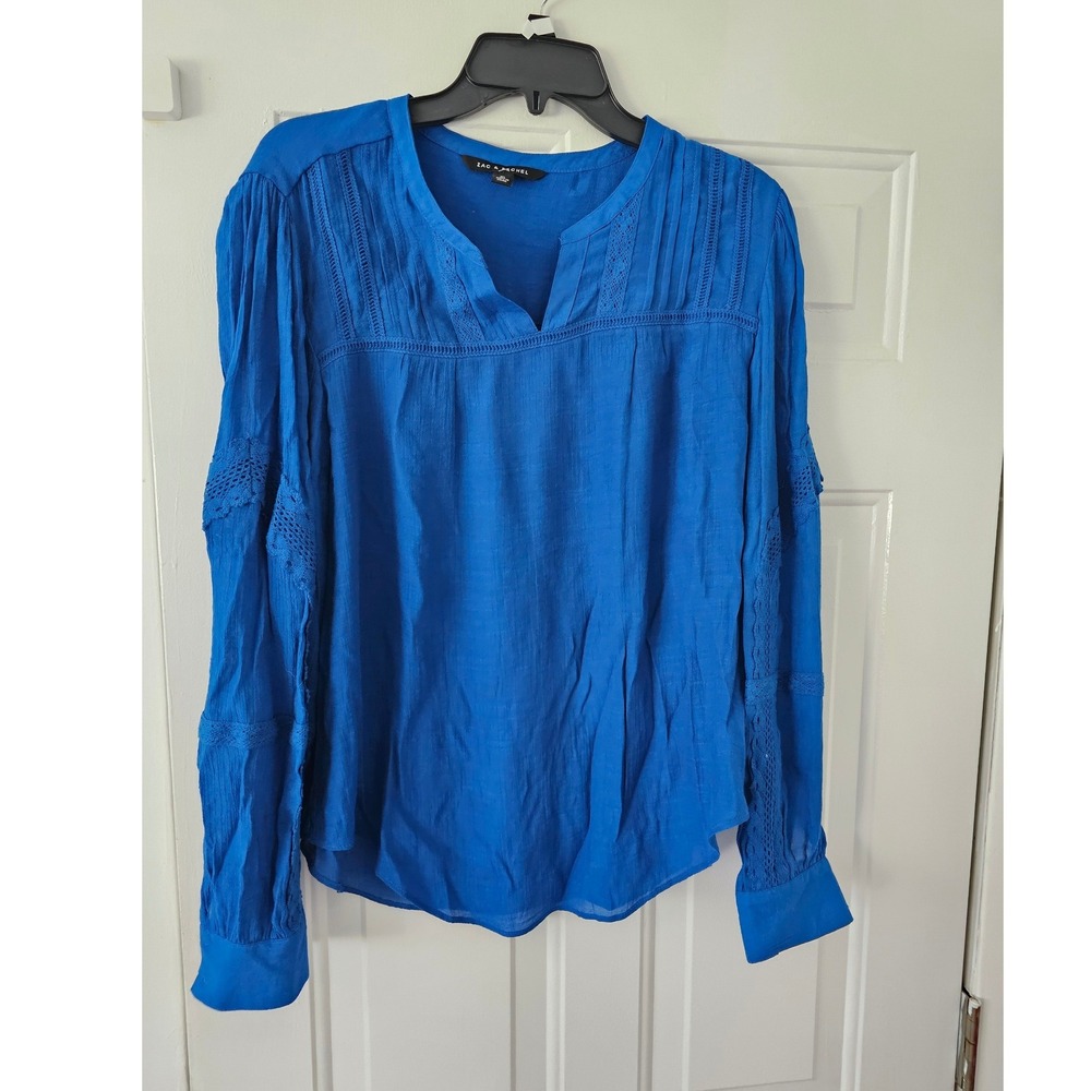 Zac & Rachel Blouse Women XL Blue Excellent Boho Crochet Lace Pintuck V-Neck Top